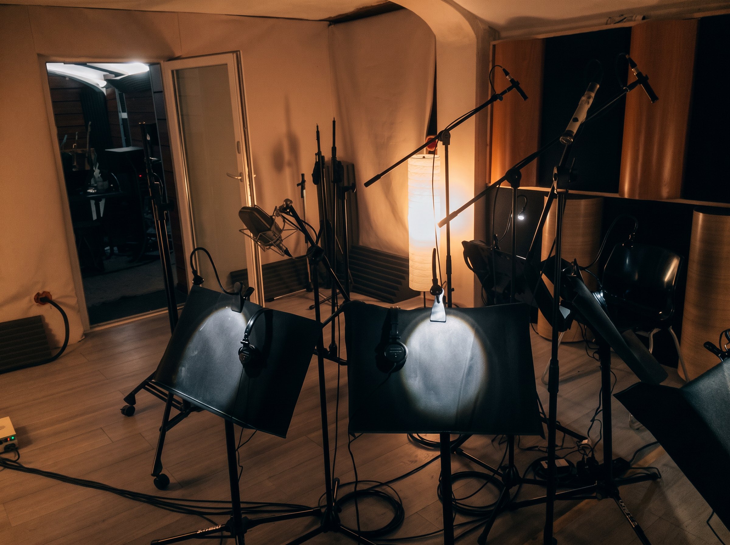 Live room with microphones and acoustic panels