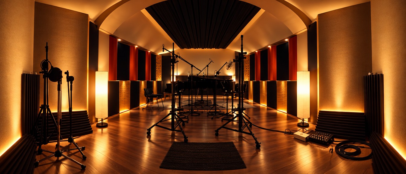 Recording room with microphones and piano